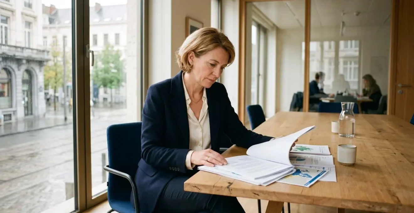 Cadre senior en séance de travail stratégique dans un espace moderne à Bruxelles, regard concentré sur un document de management