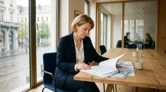 Cadre senior en séance de travail stratégique dans un espace moderne à Bruxelles, regard concentré sur un document de management