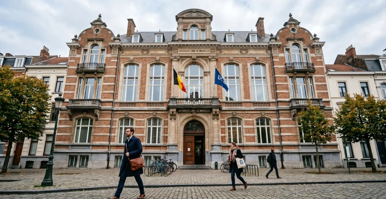 Vue extérieure du campus de Solvay Brussels School, architecture classique bruxelloise, ambiance universitaire internationale