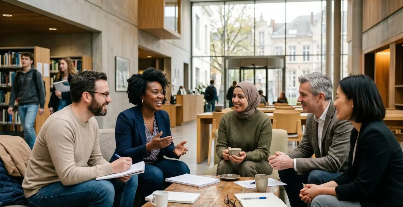 Groupe de professionnels en session d'Executive MBA, échanges informels entre pairs dans un cadre universitaire bruxellois